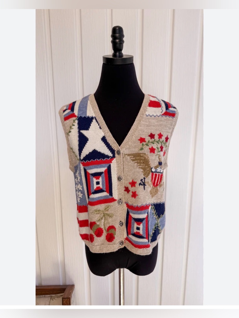 Patriotic Knit Button-Up Vest in Beige, Red & Blue